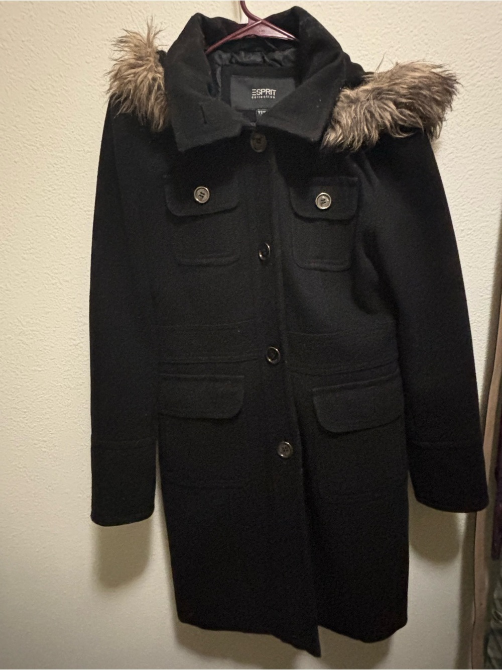 Esprit Black Wool-Blend Pea Coat with Faux Fur Hood Trim